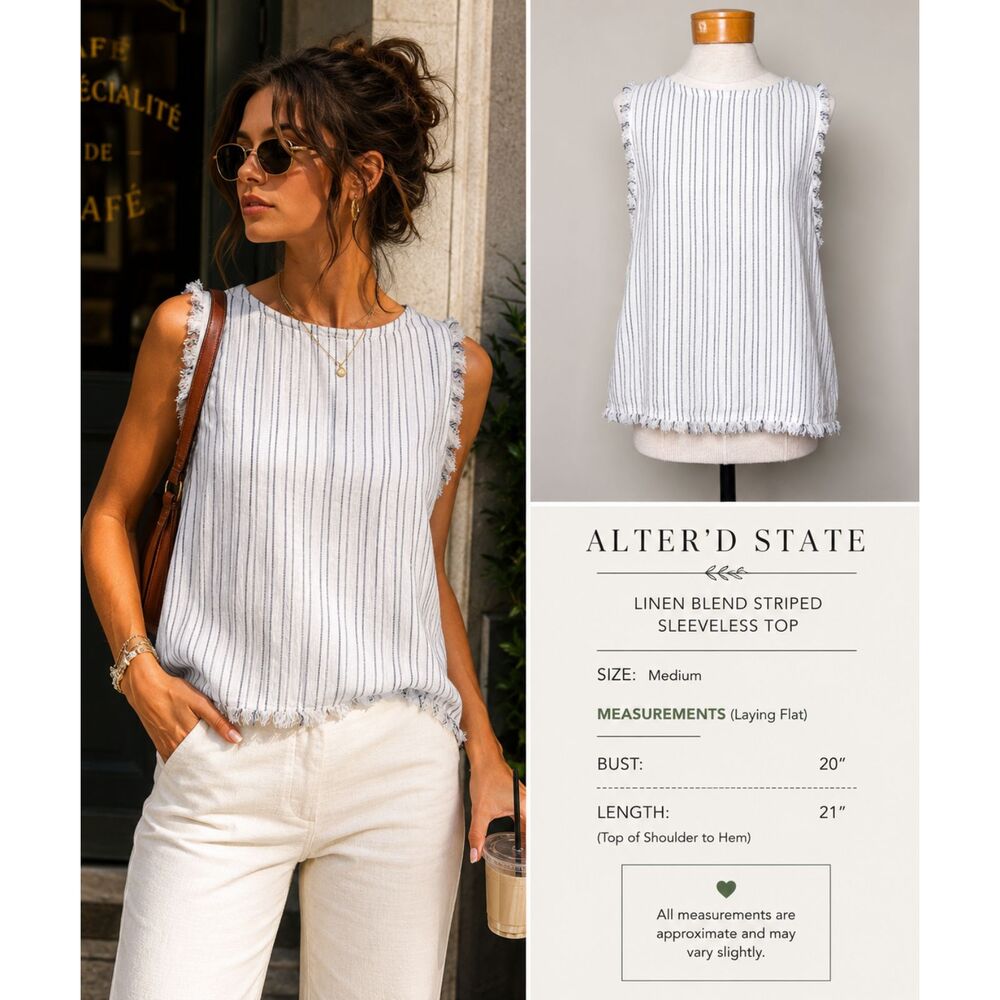 Altar'd State Linen Blend Striped Frayed Sleeveless Top Ivory Navy Medium